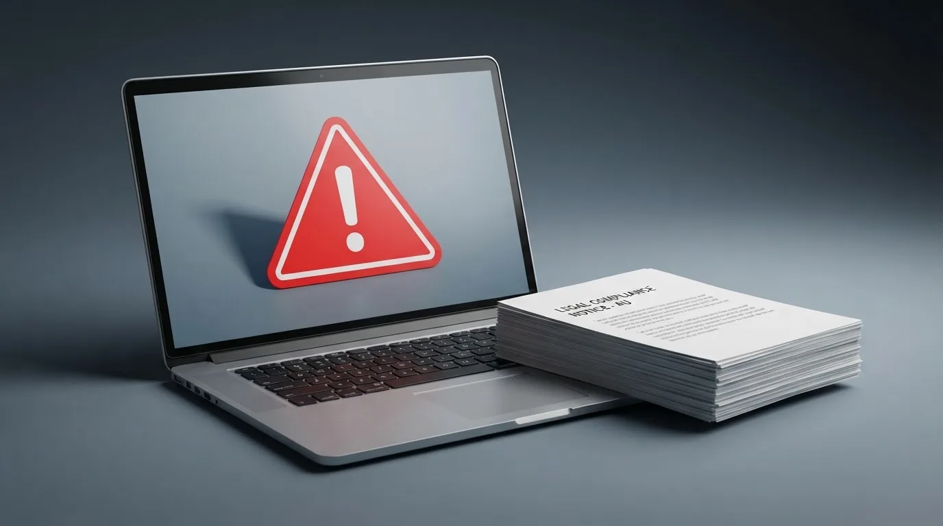 A red triangular warning sign icon on a laptop screen next to a stack of legal papers, symbolising an official caution rather than any specific website.