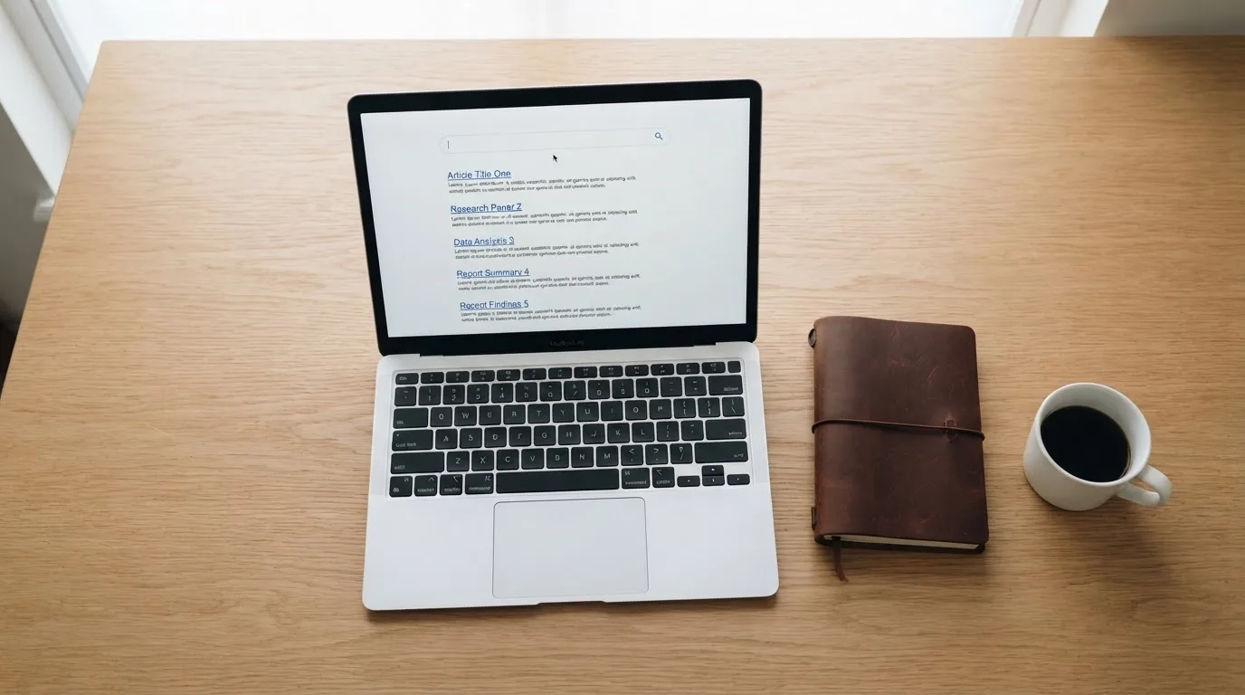 A tidy desk with a laptop open on a plain search-results page, a notebook and a coffee cup beside it, no screens showing any casino branding.