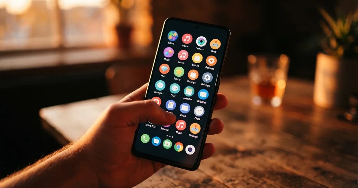 A hand tapping a smartphone screen showing generic app icons, none of them branded.