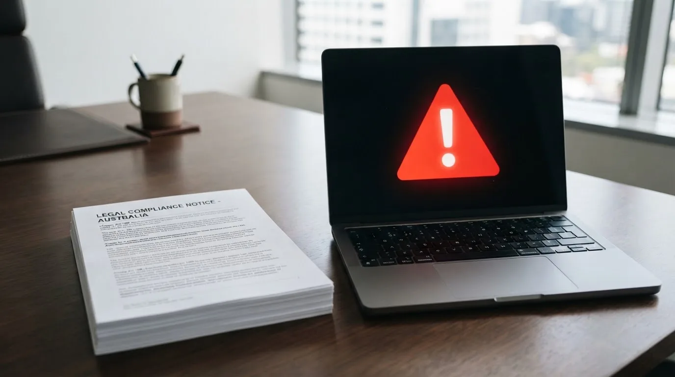 A red triangular warning sign icon on a laptop screen next to a stack of legal papers, symbolising an official caution rather than any specific website.