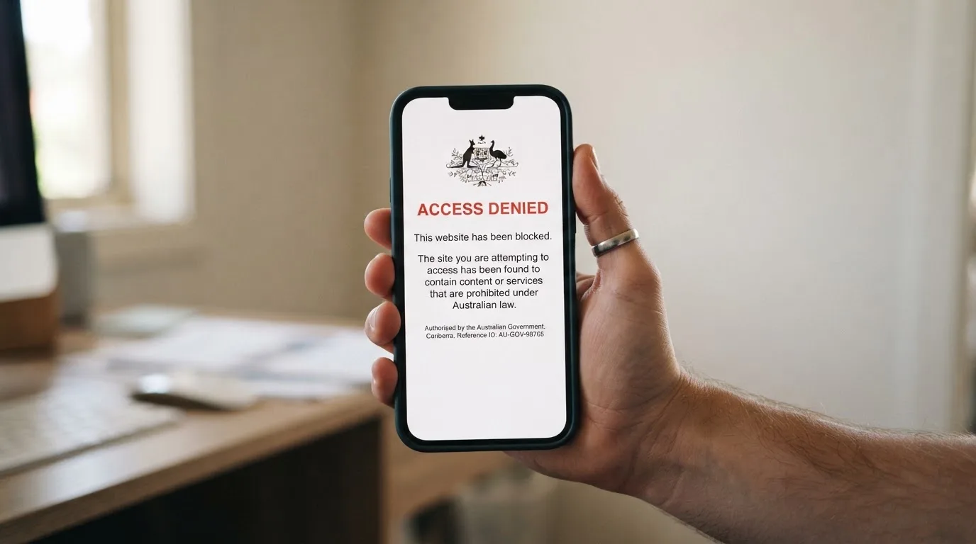 A smartphone screen showing a plain government warning notice about a blocked website, held against a blurred background.