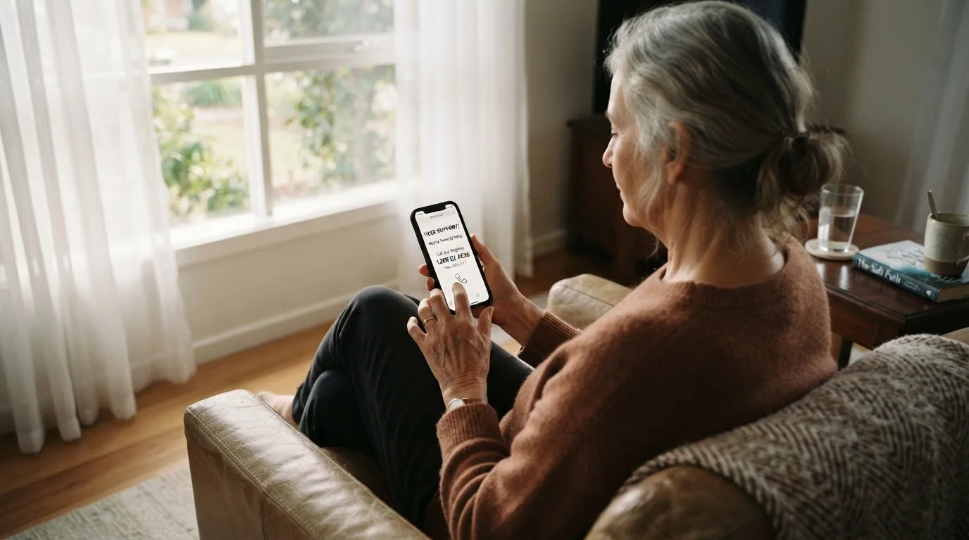 A person sitting calmly with a phone open to a support helpline page, no gaming screen visible.