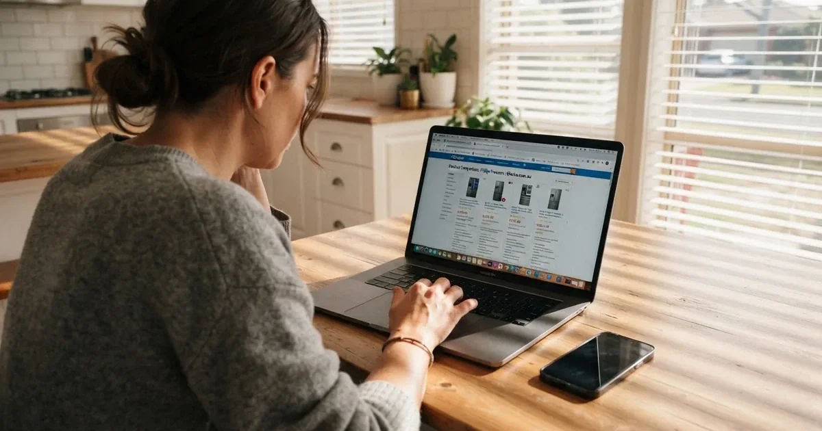 A person at a kitchen table scrolling through review pages on a laptop, phone face-down beside them.