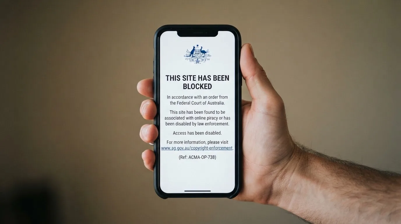 A smartphone screen showing a plain government warning notice about a blocked website, held against a blurred background.