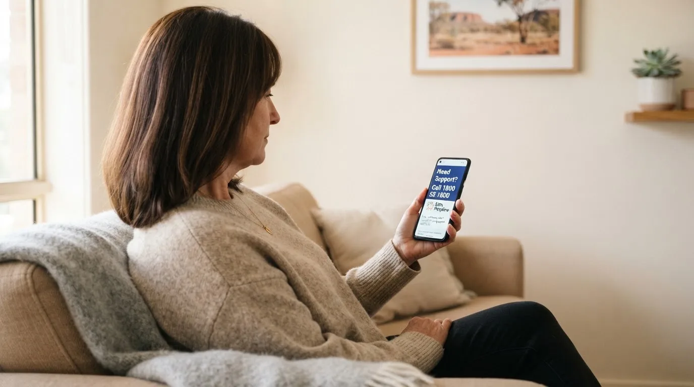 A person sitting calmly with a phone open to a support helpline page, no gaming screen visible.