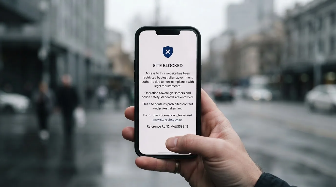 A smartphone screen showing a plain government warning notice about a blocked website, held against a blurred background.