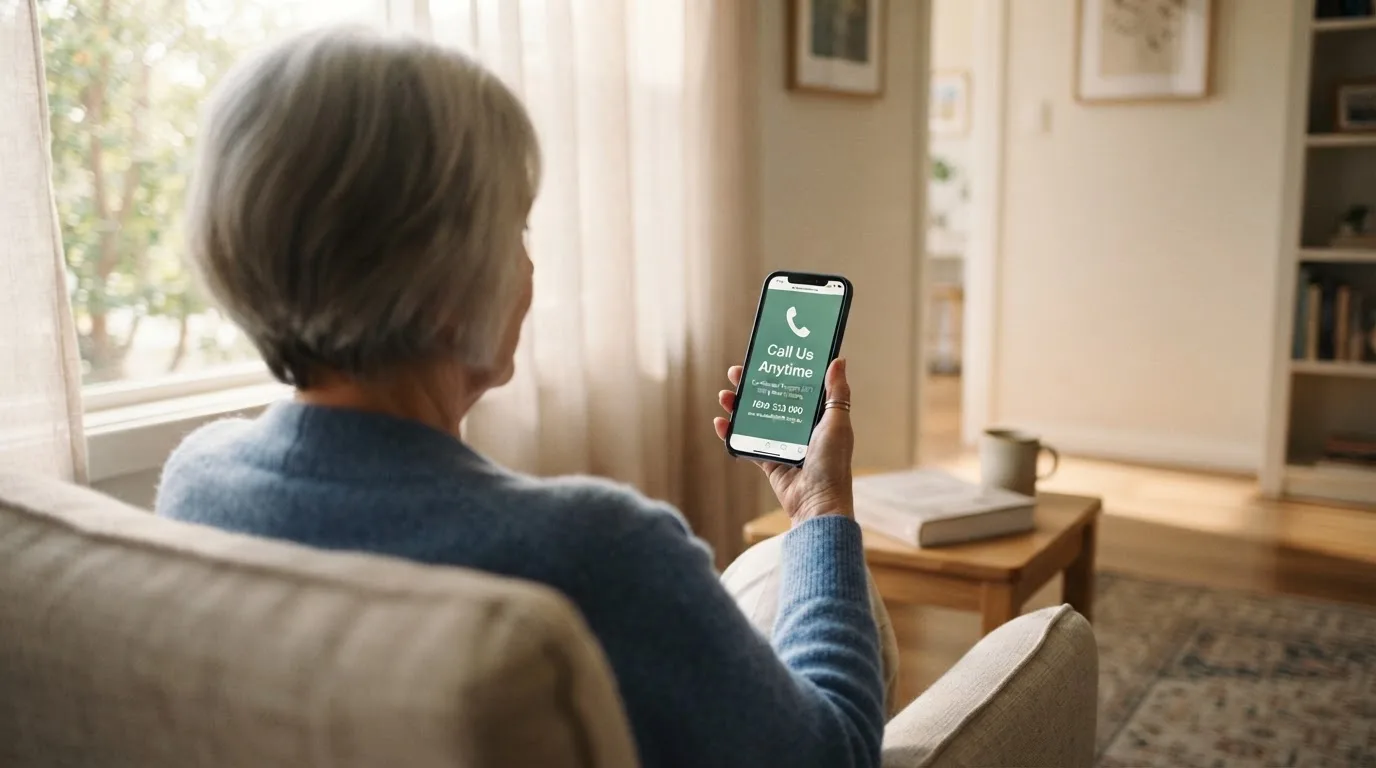 A person sitting calmly with a phone open to a support helpline page, no gaming screen visible.