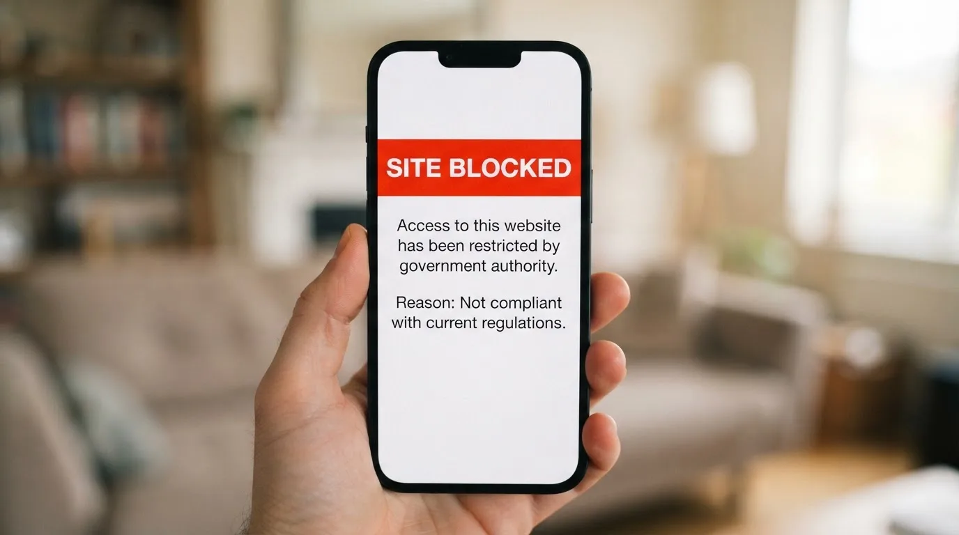 A smartphone screen showing a plain government warning notice about a blocked website, held against a blurred background.