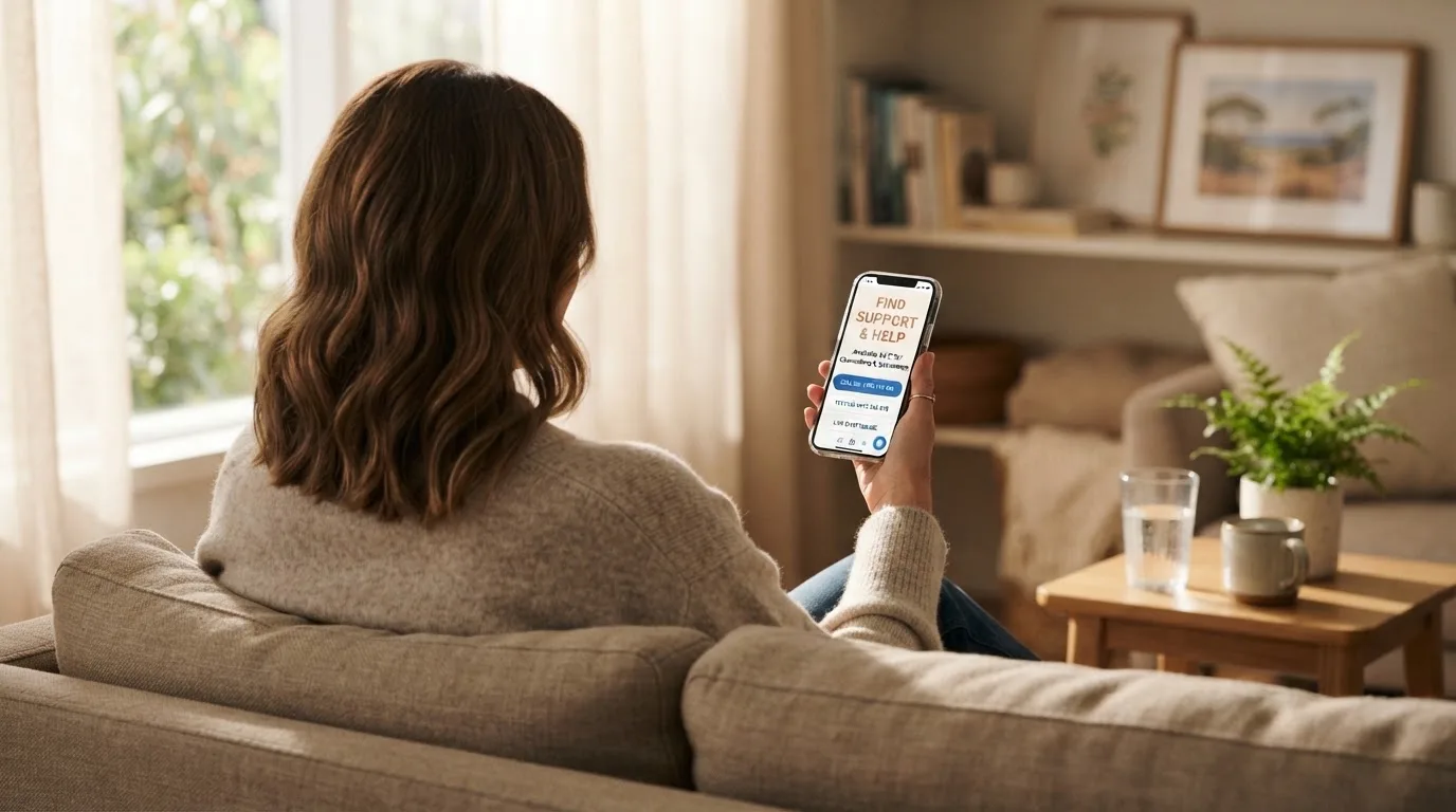 A person sitting calmly with a phone open to a support helpline page, no gaming screen visible.