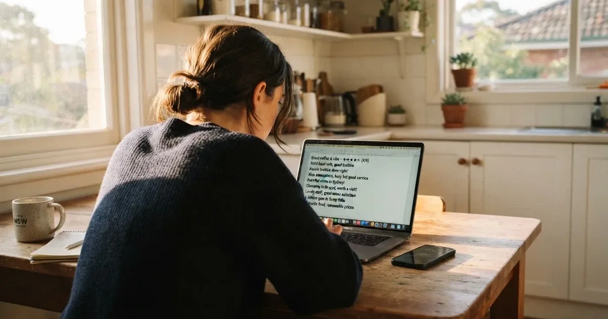 A person at a kitchen table scrolling through review pages on a laptop, phone face-down beside them.