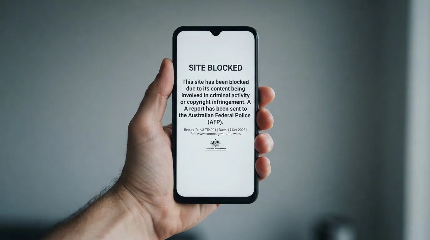 A smartphone screen showing a plain government warning notice about a blocked website, held against a blurred background.