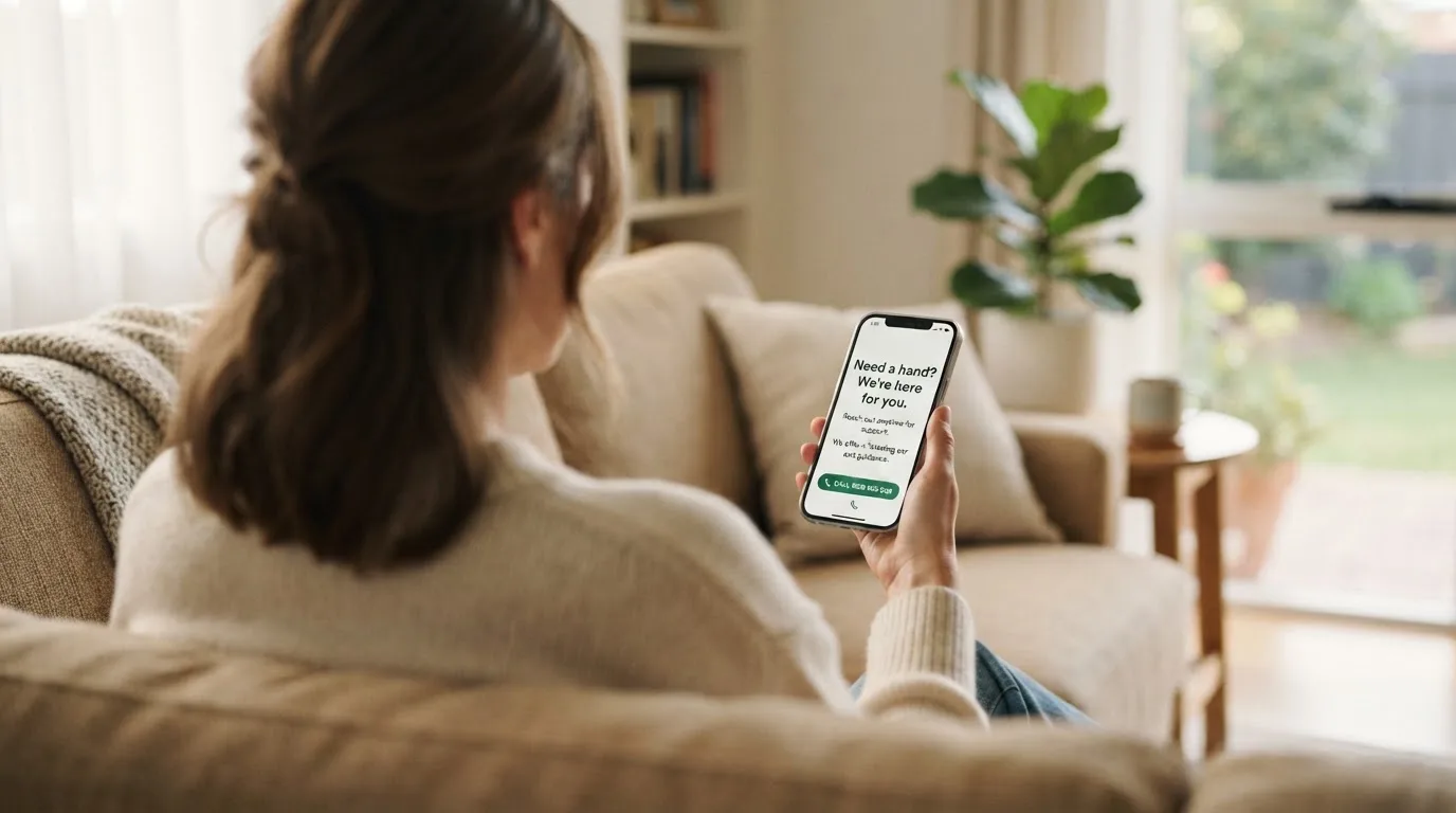 A person sitting calmly with a phone open to a support helpline page, no gaming screen visible.