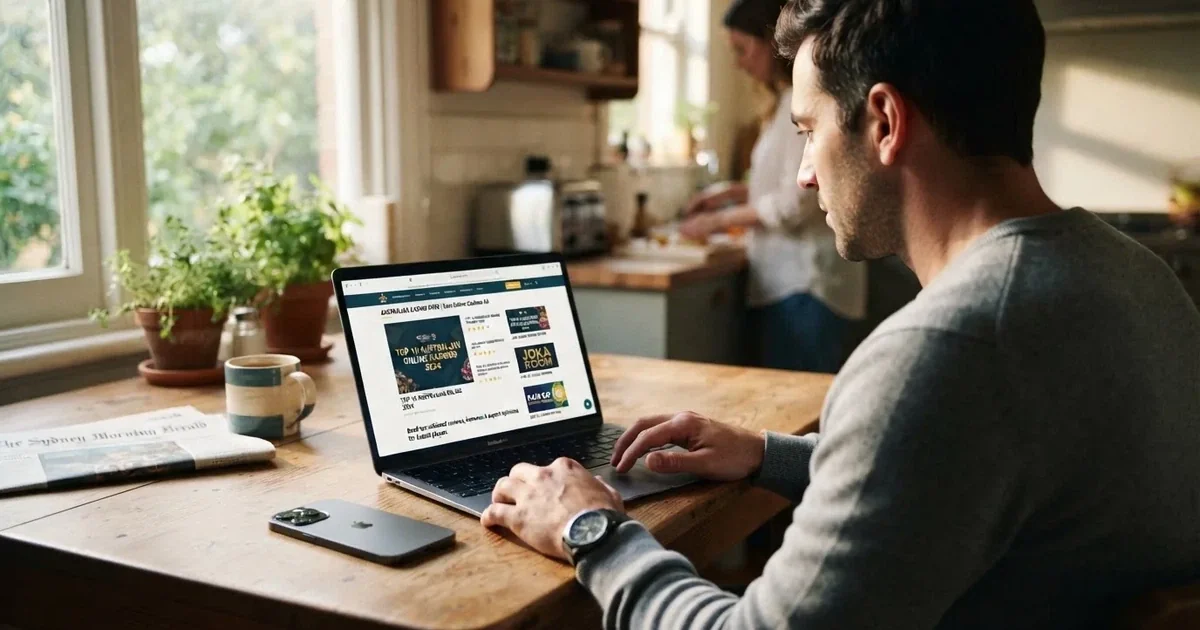 A person at a kitchen table scrolling through review pages on a laptop, phone face-down beside them.