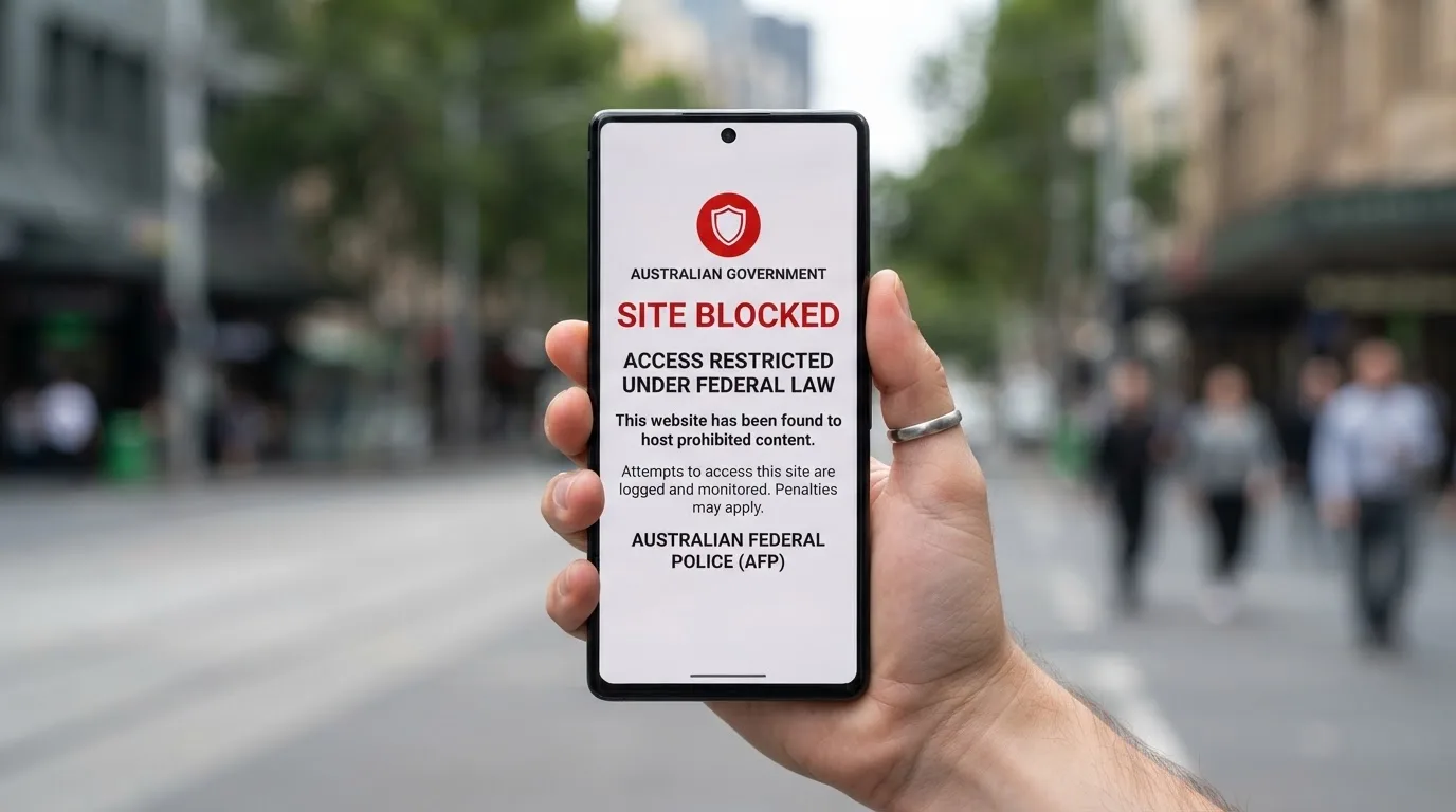 A smartphone screen showing a plain government warning notice about a blocked website, held against a blurred background.