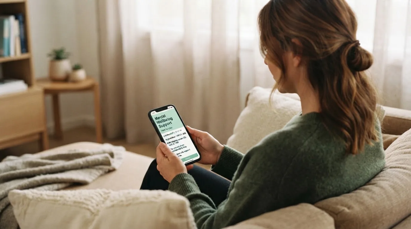 A person sitting calmly with a phone open to a support helpline page, no gaming screen visible.