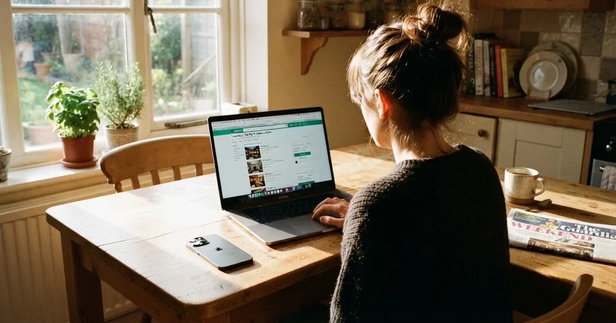 A person at a kitchen table scrolling through review pages on a laptop, phone face-down beside them.