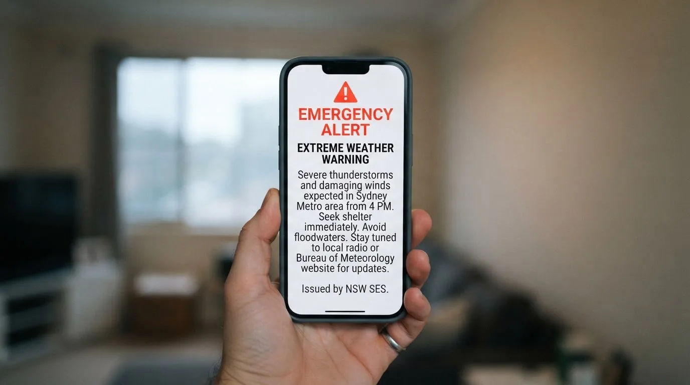 A smartphone screen showing a plain government warning notice about a blocked website, held against a blurred background.