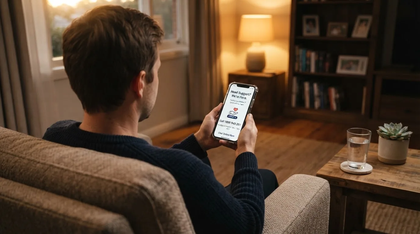 A person sitting calmly with a phone open to a support helpline page, no gaming screen visible.