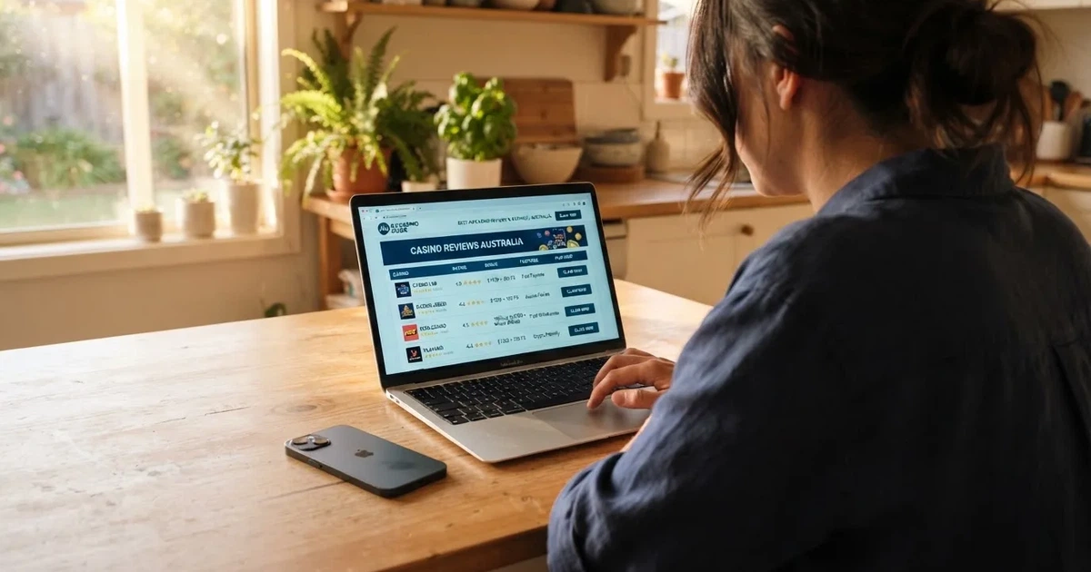 A person at a kitchen table scrolling through review pages on a laptop, phone face-down beside them.