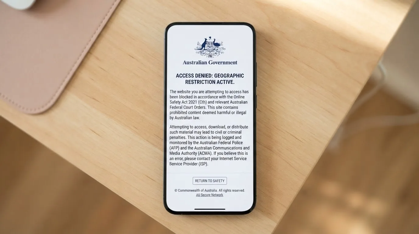 A smartphone screen showing a plain government warning notice about a blocked website, held against a blurred background.