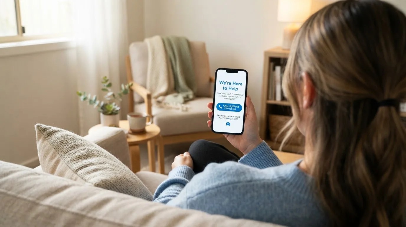 A person sitting calmly with a phone open to a support helpline page, no gaming screen visible.