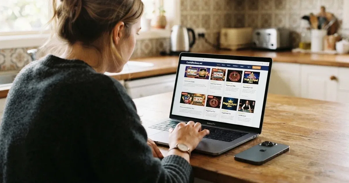 A person at a kitchen table scrolling through review pages on a laptop, phone face-down beside them.