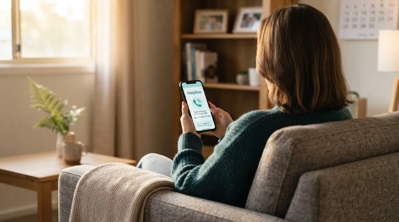 A person sitting calmly with a phone open to a support helpline page, no gaming screen visible.
