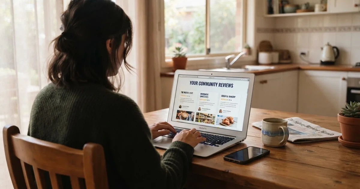 A person at a kitchen table scrolling through review pages on a laptop, phone face-down beside them.