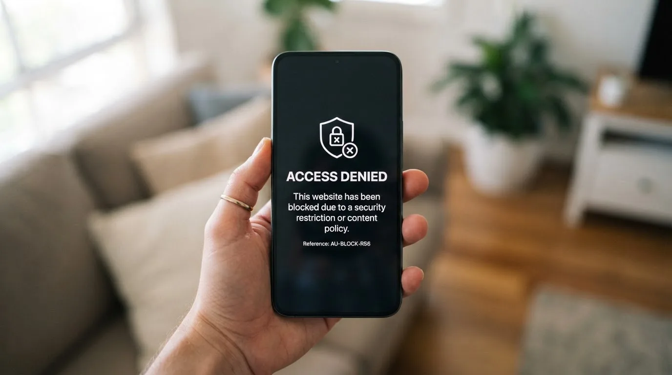 A smartphone screen showing a plain government warning notice about a blocked website, held against a blurred background.