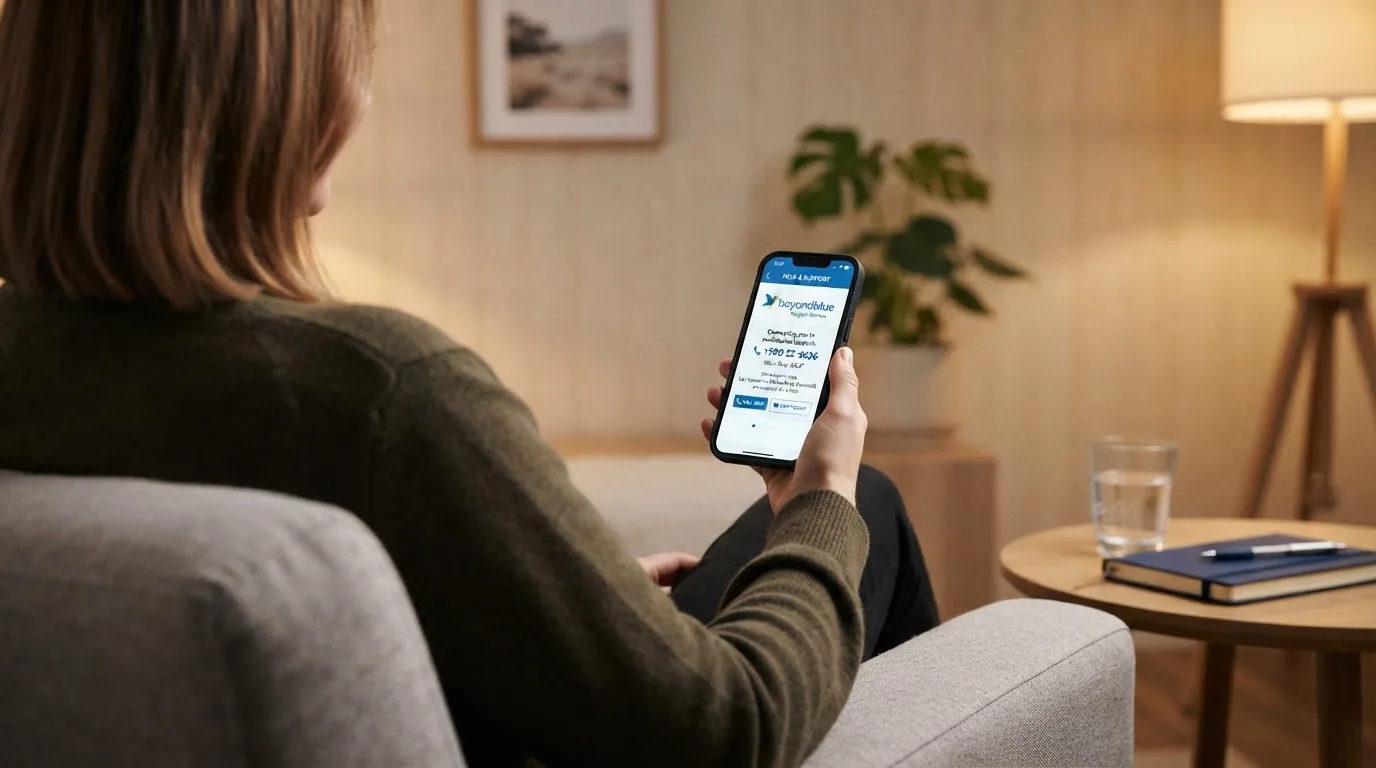 A person sitting calmly with a phone open to a support helpline page, no gaming screen visible.