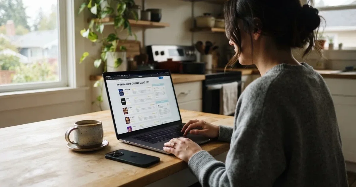 A person at a kitchen table scrolling through review pages on a laptop, phone face-down beside them.