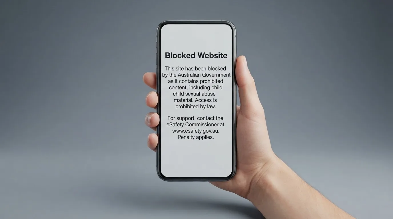 A smartphone screen showing a plain government warning notice about a blocked website, held against a blurred background.