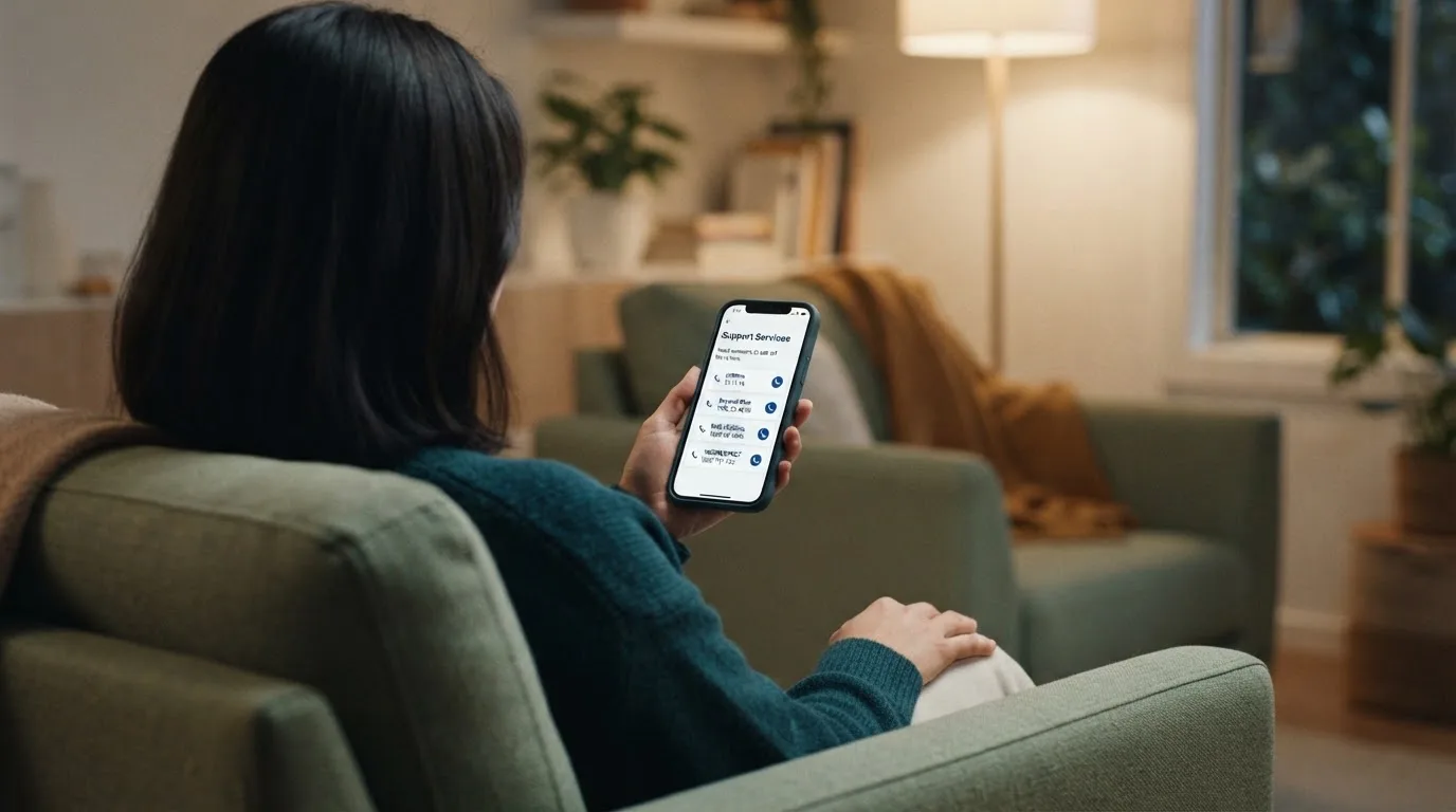 A person sitting calmly with a phone open to a support helpline page, no gaming screen visible.