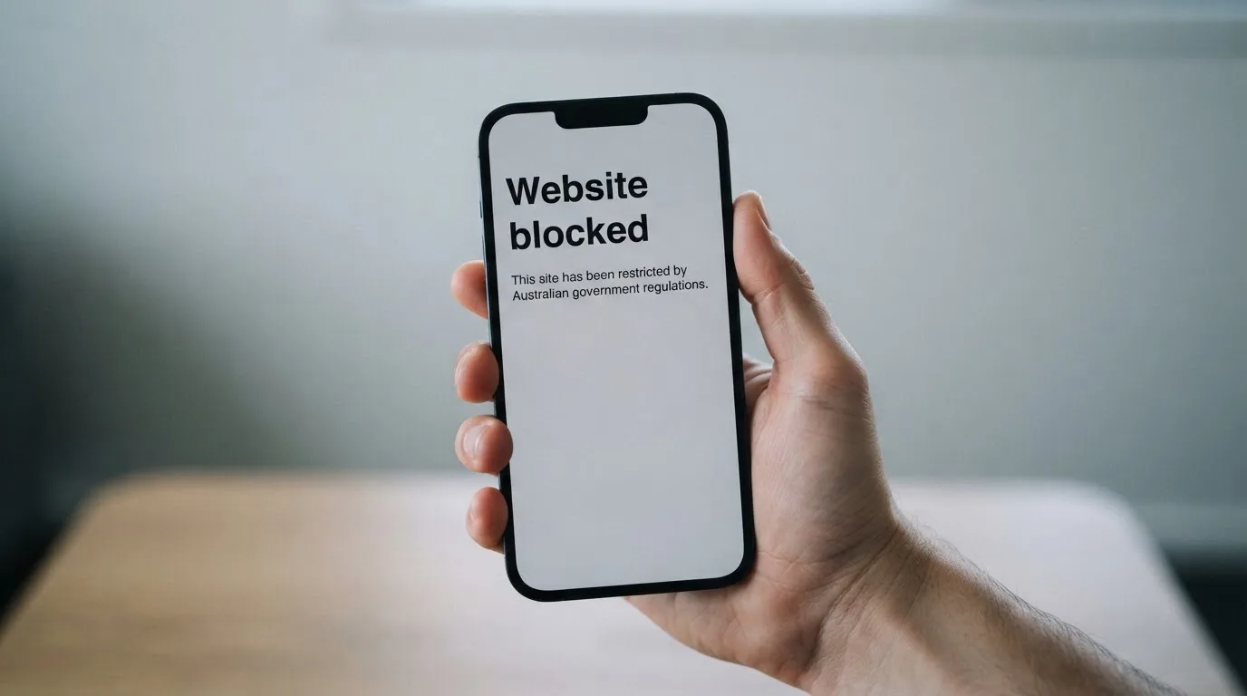 A smartphone screen showing a plain government warning notice about a blocked website, held against a blurred background.