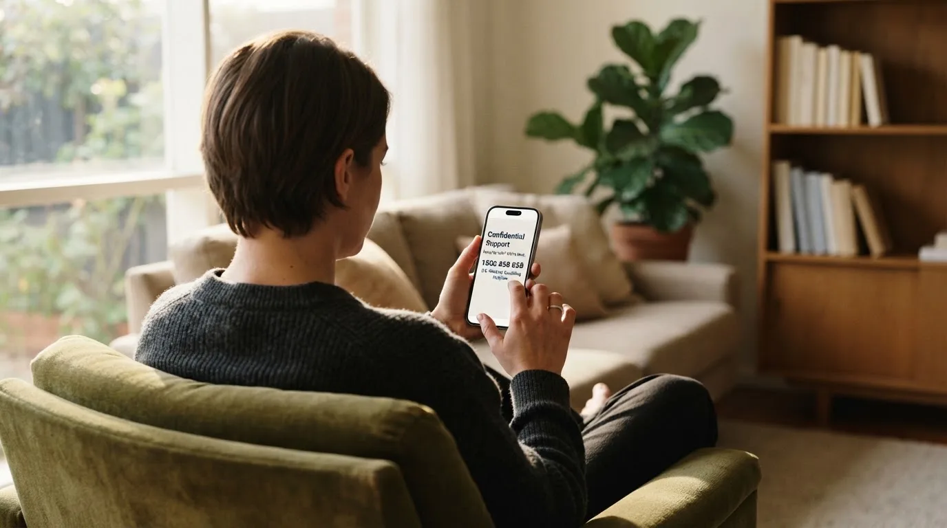 A person sitting calmly with a phone open to a support helpline page, no gaming screen visible.