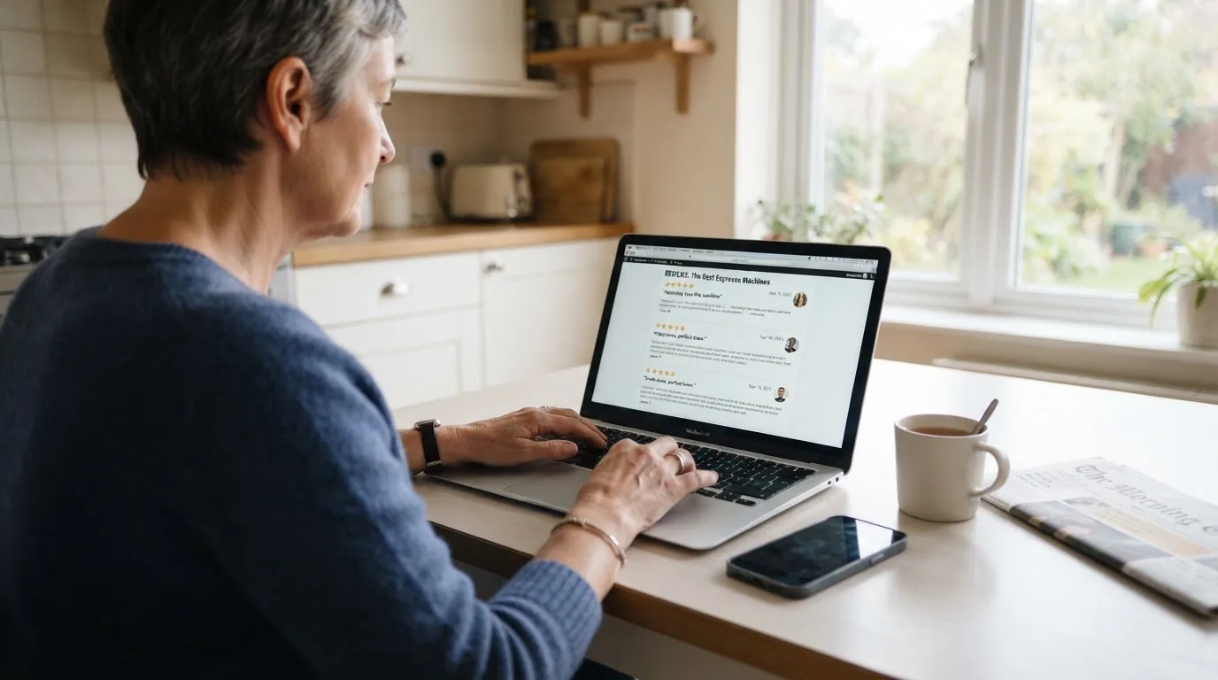 A person at a kitchen table scrolling through review pages on a laptop, phone face-down beside them.