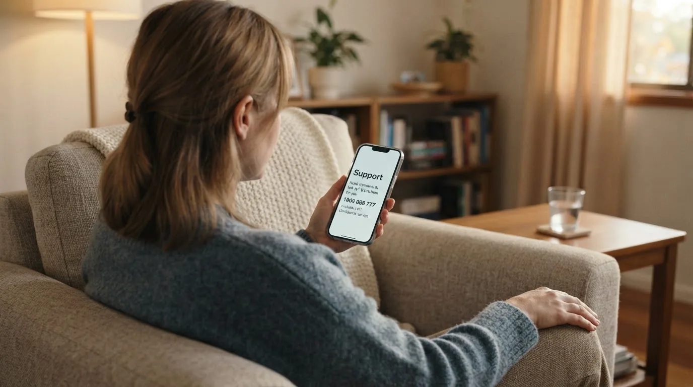 A person sitting calmly with a phone open to a support helpline page, no gaming screen visible.