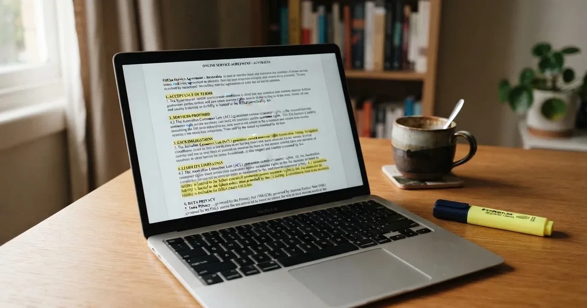 A laptop screen showing a page of terms and conditions text with a highlighter resting nearby.