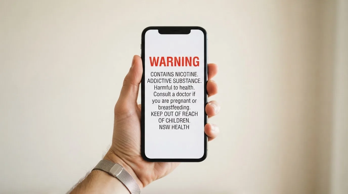 A smartphone screen showing a plain government warning notice about a blocked website, held against a blurred background.