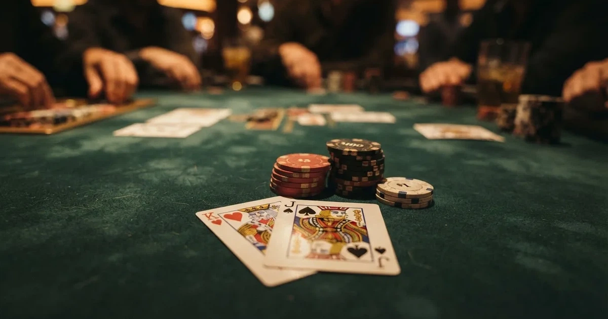 A close-up of a green felt gaming table with cards and chips mid-hand.