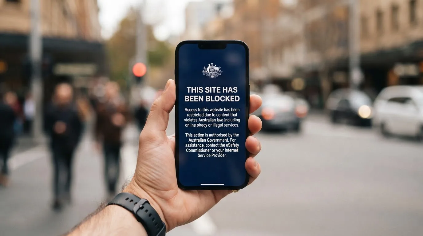 A smartphone screen showing a plain government warning notice about a blocked website, held against a blurred background.