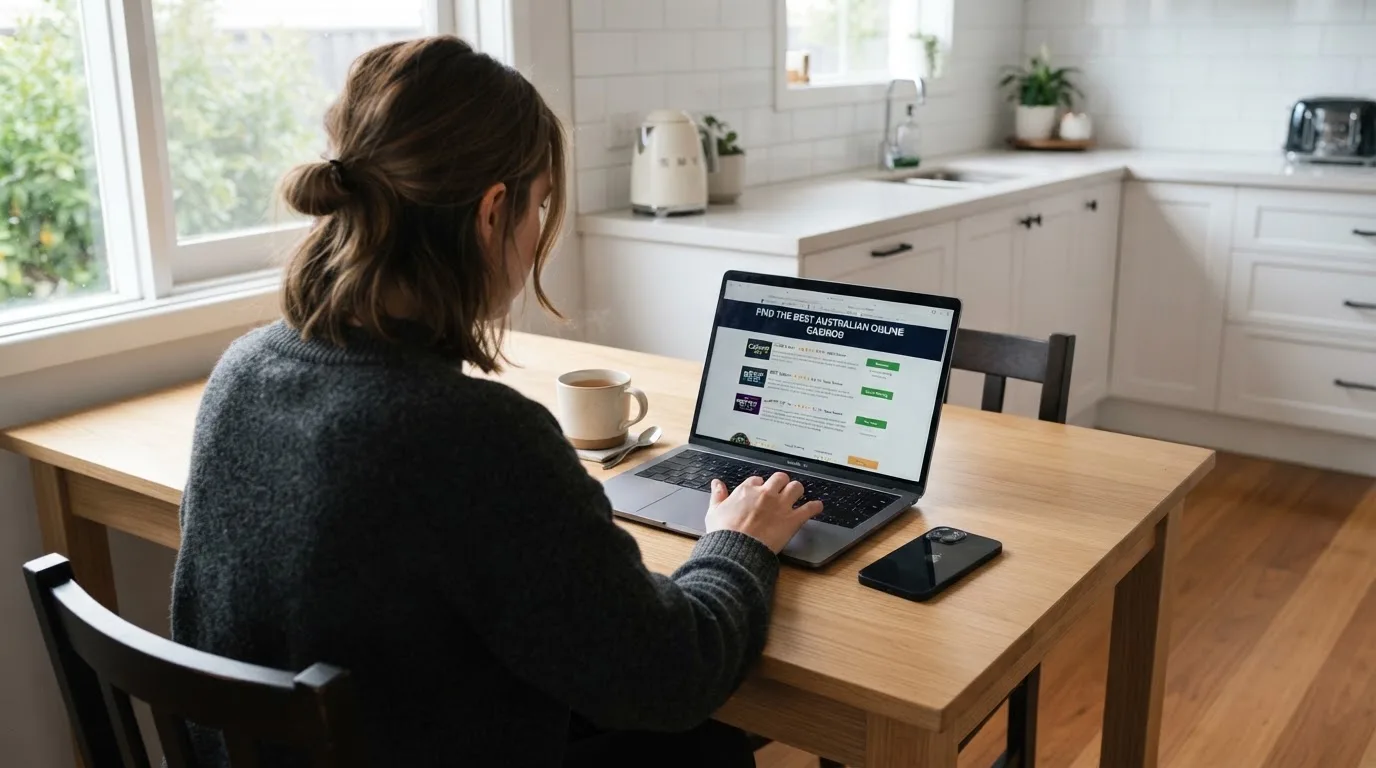 A person at a kitchen table scrolling through review pages on a laptop, phone face-down beside them.