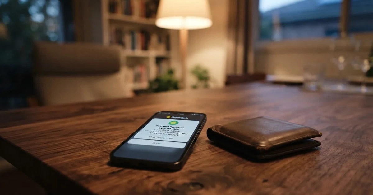 A phone screen showing a bank transfer confirmation, held next to a wallet on a table.