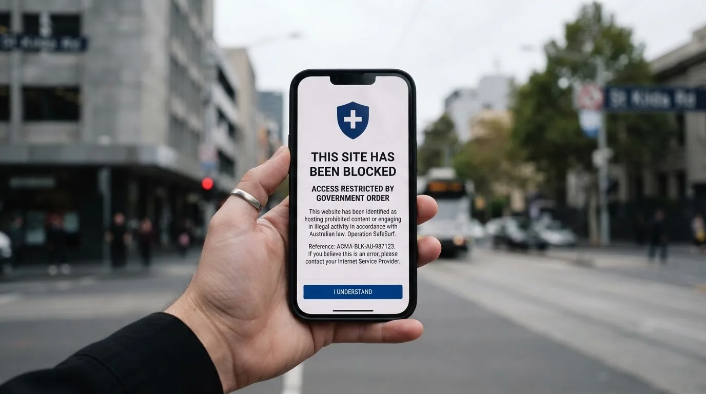 A smartphone screen showing a plain government warning notice about a blocked website, held against a blurred background.
