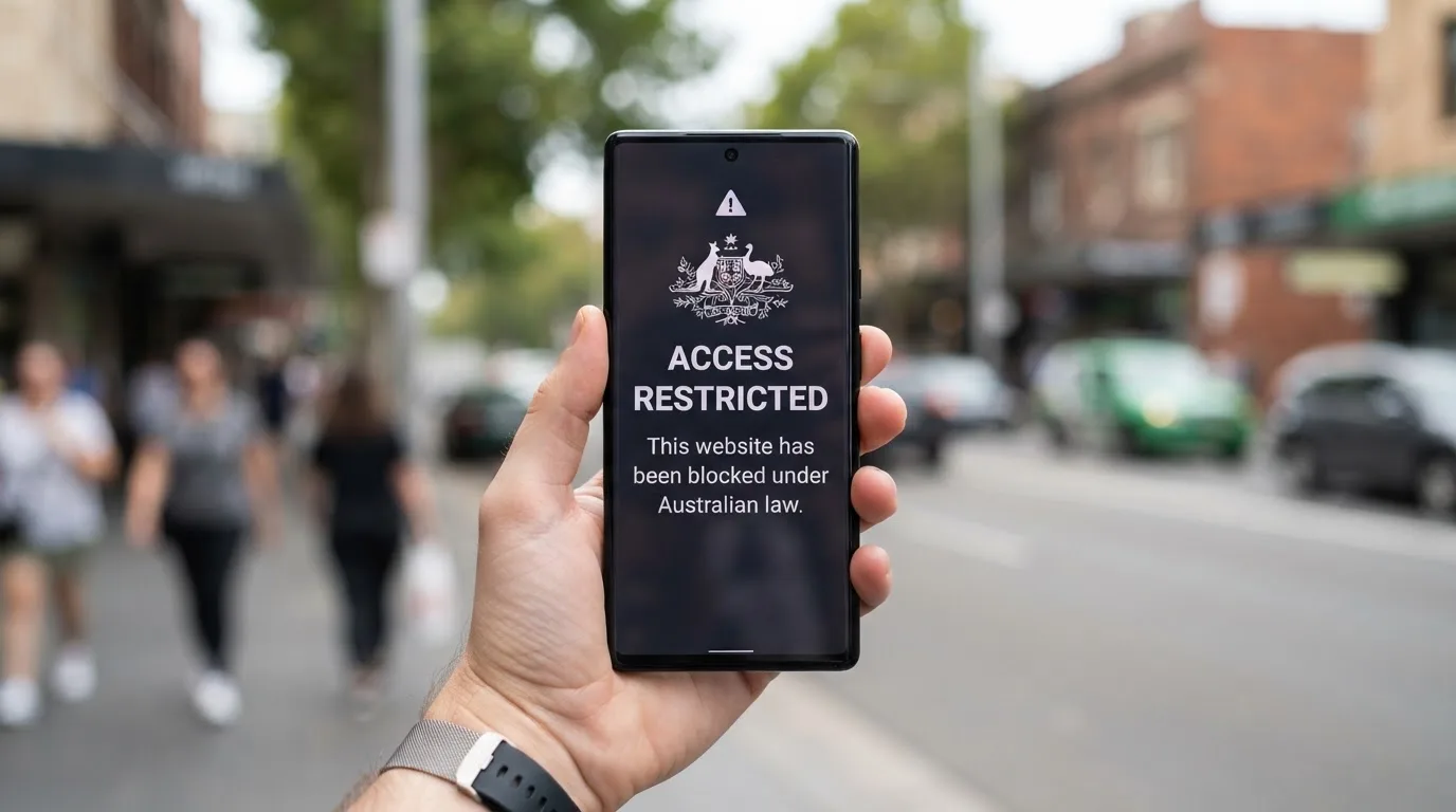 A smartphone screen showing a plain government warning notice about a blocked website, held against a blurred background.