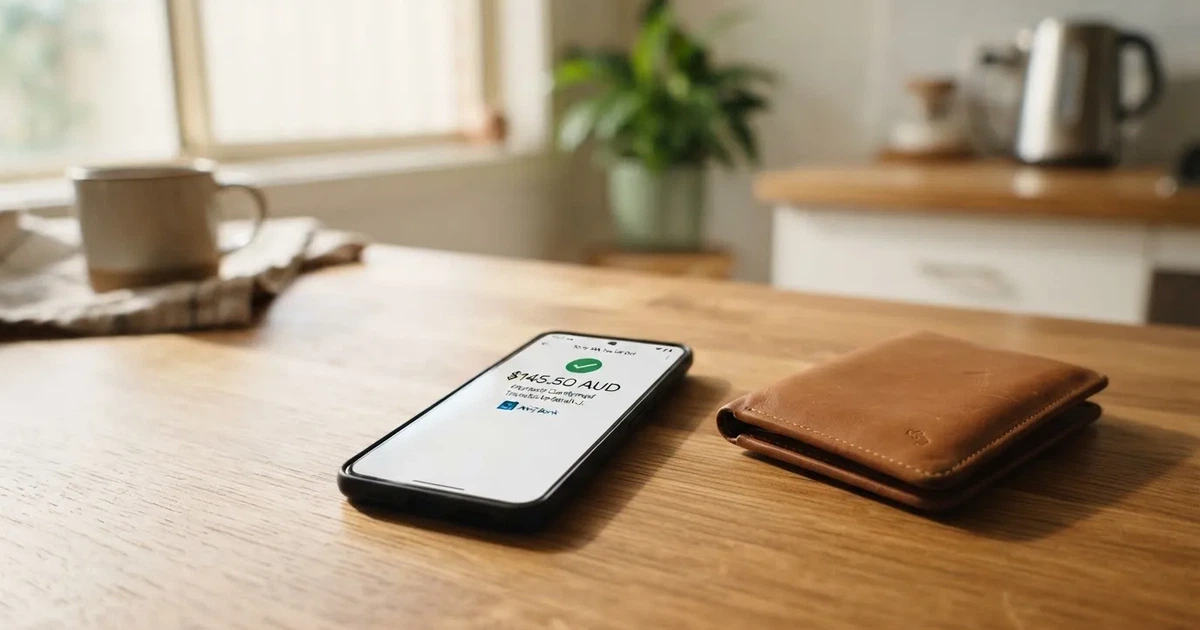 A phone screen showing a bank transfer confirmation, held next to a wallet on a table.