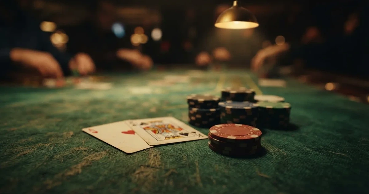 A close-up of a green felt gaming table with cards and chips mid-hand.
