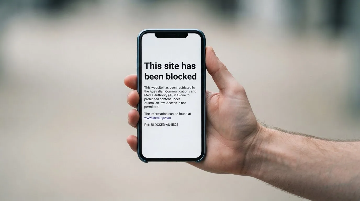 A smartphone screen showing a plain government warning notice about a blocked website, held against a blurred background.