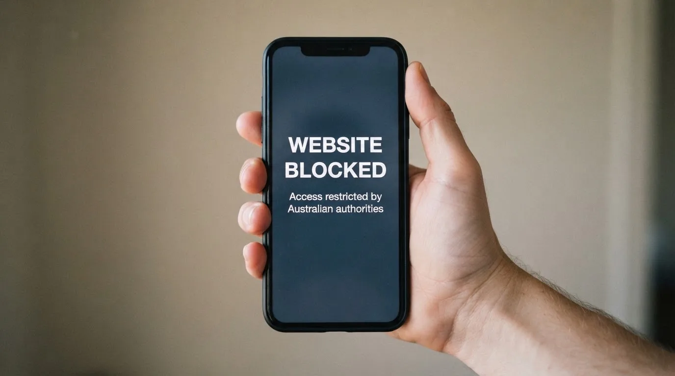 A smartphone screen showing a plain government warning notice about a blocked website, held against a blurred background.