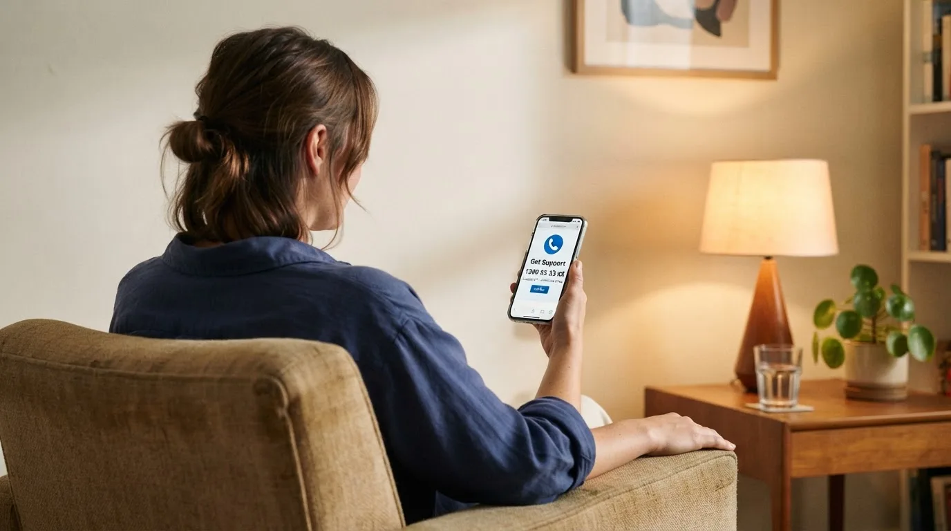 A person sitting calmly with a phone open to a support helpline page, no gaming screen visible.